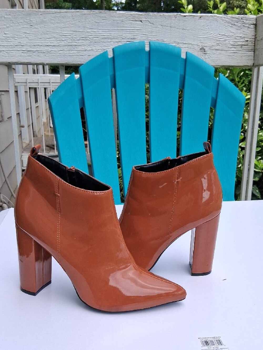 Patent Leather Pointed Toe Block Heel Ankle Boots - Tan - Picture 3 of 6